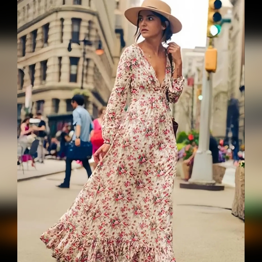 Romantic Boho maxi with pink and Red Floral Print On Beige Background. SIZE L.
